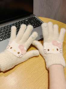 Sanrio 1 Par de Luvas Cartoon Hello Kitty, Forro Térmico Grosso, Fofo, à Prova de Vento, Adequado para Ciclismo no Outono e Inverno