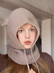 1pc Cozy Knit Hooded Scarf With Ear Flaps - Stretchy, Drawstring Closure, Unisex Winter Hat - Knitted Hat - View 6