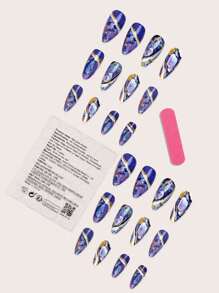 星系漸變閃粉中圓指假甲套裝(24入組)+1入組凝膠膠+1入組指甲沙銼，壓鑄式假甲，美甲用品 - 彩色 - 查看 4