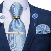 6 件/套男士领带条纹蓝色花卉领带手帕方形环夹胸花婚礼时尚（随机戒指）