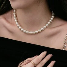 圆形白色仿贝壳珍珠项链串 | 珍珠颈链 | 女士珠宝 | 送给妈妈、妻子、姐妹、最好的朋友的生日圣诞礼物，不含礼品盒 - 40CM長度項鍊 - 查看 13