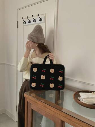 Laptop Bag Corduroy Cute Cherry Bear Embroidered Storage Handbag 13.3 Inches 14 Inches 15.6 Inches Shock-Absorbing Portable Laptop Bag Back To School