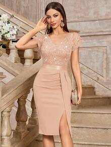 MIUSOL Elegant Sequin Lace Puff Sleeve Ruched Split Thigh Cocktail Party Bodycon Dress, Wedding Guest Dress