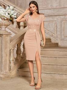 MIUSOL Elegant Sequin Lace Puff Sleeve Ruched Split Thigh Cocktail Party Bodycon Dress, Wedding Guest Dress