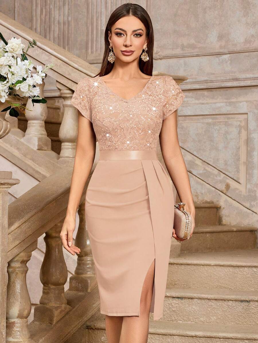 MIUSOL Elegant Sequin Lace Puff Sleeve Ruched Split Thigh Cocktail Party Bodycon Dress, Wedding Guest Dress