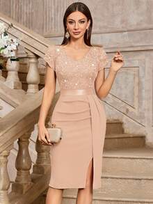 MIUSOL Elegant Sequin Lace Puff Sleeve Ruched Split Thigh Cocktail Party Bodycon Dress, Wedding Guest Dress