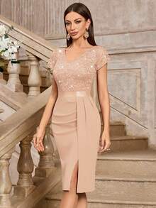 MIUSOL Elegant Sequin Lace Puff Sleeve Ruched Split Thigh Cocktail Party Bodycon Dress, Wedding Guest Dress