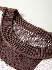 棕色格纹主教袖优雅毛衣，长袖上衣 - 棕色 - 查看 7