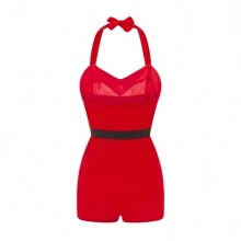 Women's Mrs. Claus Costume, Sleeveless Faux Fur Trim Halter Romper Short Jumpsuit