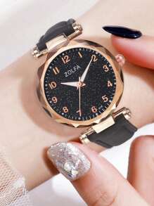 6件套优雅女童真皮石英手表、项链、手链、耳环、戒指首饰套装，适合作为生日、万圣节、圣诞节及其他场合送给女孩的礼物。 - 黑色 - 查看 3