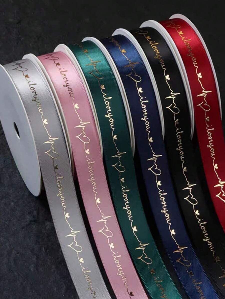 2cm Wide Dense Satin Ribbon, 3D Embossed Gold LOGO Printed Ribbon, Heart Fluttering Valentine's Love Expression, Suitable For Birthday, Spring Festival, Valentines Day Flower, Cake Gift Wrapping And Decoration