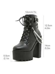 Gdgydh Platform Thick Heel Waterproof Pearl Chain Punk Style Lace-Up Bat Buckle Ankle Boots For Women - Black - View 7