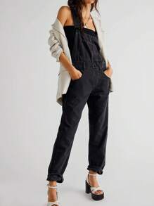 Women Denim Long Jumpsuit Casual Spaghetti Strap Wide Leg Romper Pants Summer Baggy Bib Overalls - Black - View 5