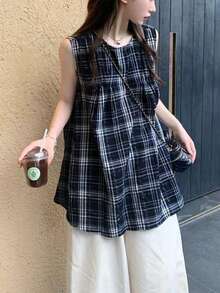 Japanese Retro Plaid Design Round Neck Sleeveless Loose Casual Shirt Blouse For Women, Summer New