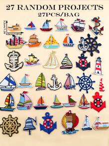 27pcs Random Boat, Anchor Pattern Cartoon Style Embroidered Sew On Patches For DIY, Applicable To Clothes, Shoes, Hats, Bags, Etc.