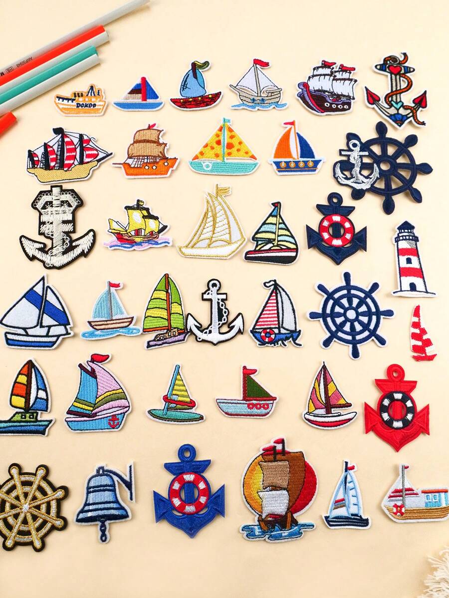 27pcs Random Boat, Anchor Pattern Cartoon Style Embroidered Sew On Patches For DIY, Applicable To Clothes, Shoes, Hats, Bags, Etc.