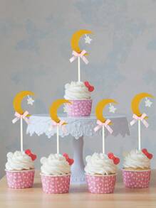 6 Stücke Mond Stern funkelnde Papier Cupcake Dekoration, goldener Mond und silberner Stern, rosa/blaue Schleife Kuchen Dekoration, geeignet für Geburtstags-Party, Geschlechter-Enthüllung, Hochzeit, Gabel Wild Horse Party Dekoration