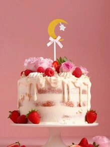 6 Stücke Mond Stern funkelnde Papier Cupcake Dekoration, goldener Mond und silberner Stern, rosa/blaue Schleife Kuchen Dekoration, geeignet für Geburtstags-Party, Geschlechter-Enthüllung, Hochzeit, Gabel Wild Horse Party Dekoration