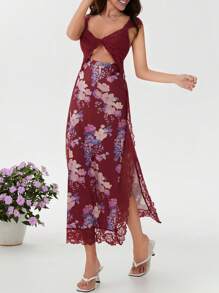 Women's Y2K Summer Bodycon Maxi Dress Floral Print Lace Patchwork Long Dress Sleeveless Backless V Neck Party Dress Beach Vacation Sundress - Đỏ - Xem 3