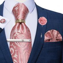 6 件/套男士领带条纹蓝色花卉领带手帕方形环夹胸花婚礼时尚（随机戒指）