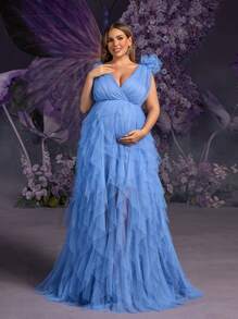 Faeriesty Dressalisa Plus Elegant Maternity Evening Gown With Deep V-Neckline, 3D Floral Shoulder Embellishments & Layered Tulle A-Line Skirt – Timeless Formal Dresses For Wedding Guest Attire, Black Tie Galas, Baby Shower Celebrations, Red Carpet Events, And Anniversary Dinners