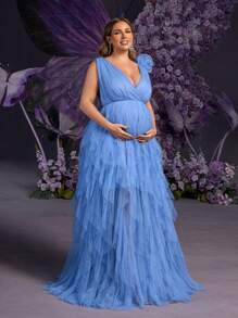 Faeriesty Dressalisa Plus Elegant Maternity Evening Gown With Deep V-Neckline, 3D Floral Shoulder Embellishments & Layered Tulle A-Line Skirt – Timeless Formal Dresses For Wedding Guest Attire, Black Tie Galas, Baby Shower Celebrations, Red Carpet Events, And Anniversary Dinners