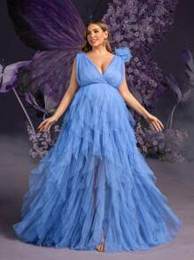 Faeriesty Dressalisa Plus Elegant Maternity Evening Gown With Deep V-Neckline, 3D Floral Shoulder Embellishments & Layered Tulle A-Line Skirt – Timeless Formal Dresses For Wedding Guest Attire, Black Tie Galas, Baby Shower Celebrations, Red Carpet Events, And Anniversary Dinners