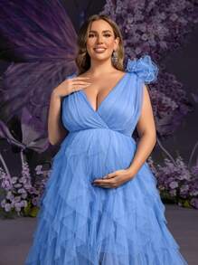 Faeriesty Dressalisa Plus Elegant Maternity Evening Gown With Deep V-Neckline, 3D Floral Shoulder Embellishments & Layered Tulle A-Line Skirt – Timeless Formal Dresses For Wedding Guest Attire, Black Tie Galas, Baby Shower Celebrations, Red Carpet Events, And Anniversary Dinners