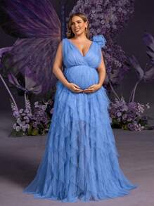 Faeriesty Dressalisa Plus Elegant Maternity Evening Gown With Deep V-Neckline, 3D Floral Shoulder Embellishments & Layered Tulle A-Line Skirt – Timeless Formal Dresses For Wedding Guest Attire, Black Tie Galas, Baby Shower Celebrations, Red Carpet Events, And Anniversary Dinners
