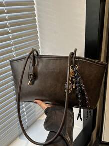 1pc Brown Quilted Zipper Closure Solid Color PU Bowling Bag, Large Capacity Tote Bag, Fashionable New Design, Shoulder Bag With Vintage Style, Suitable For Ladies Everyday Use, Autumn/Winter - Coffee Brown - View 2