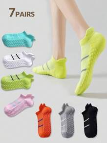 7 pares de meias esportivas femininas, meias curtas com padrão listrado decotado, meias de corrida com amortecimento respirável e absorvente de choque, para academia