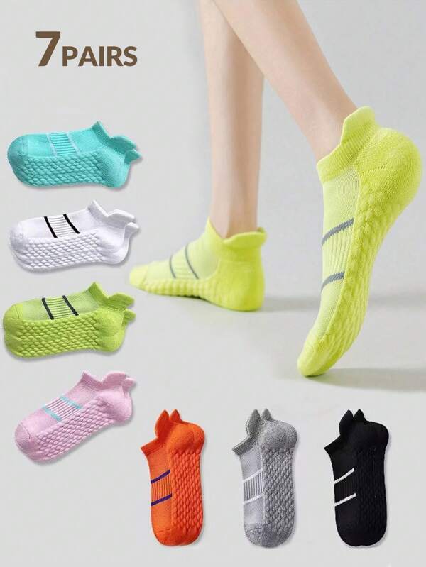 7 pares de meias esportivas femininas, meias curtas com padrão listrado decotado, meias de corrida com amortecimento respirável e absorvente de choque, para academia