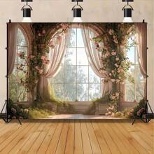 Enchanting Spring Rose Castle Window View Background - Multi Functional Polyester Fabric Suitable For Easter, Birthdays, And Photo Booths, Easy To Hang Design - Multicolor - View 3
