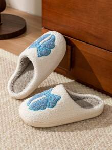 Ladies Cute Bow Flat Non-Slip Indoor Casual Slippers, Winter Home Wear - Blue - View 3