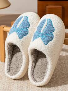 Ladies Cute Bow Flat Non-Slip Indoor Casual Slippers, Winter Home Wear - Blue - View 5