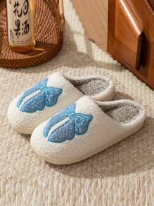 Ladies Cute Bow Flat Non-Slip Indoor Casual Slippers, Winter Home Wear - Blue - View 4