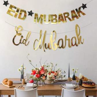 1 Set/2 Sets Eid Mubarak Banner, Ramadan Kareem Banner, Party Decorations, Crescent Moon Hanging Decor, Eid Al-Fitr Celebration Home Decor