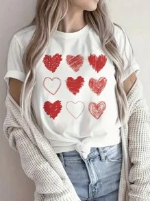 Chic Red Heart Graphic Tee For Women - Breathable, Casual Short Sleeve T-Shirt With Crew Neck, Perfect Valentine's Day Gift, Polyester, 200gsm, 1 Piece - 白色 - 查看 1