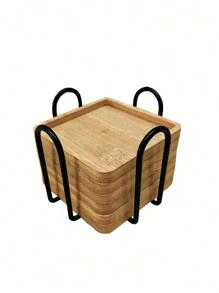 6 件装竹杯垫套装带支架，适用于咖啡桌，盆栽木质杯垫，办公桌保护，乔迁礼物，方形/圆形竹杯垫适用于花盆、饮料托盘、办公桌盆栽植物保护 - 彩色 - 查看 7