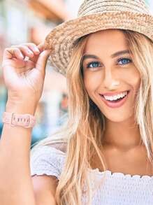 2条装花卉雕刻表带，兼容表带49mm、45mm、44mm、42mm、41mm、40mm、38mm，防水花朵蝴蝶运动硅胶腕带替换表带，兼容 Series 11、10、9、8、7、6、5、4、3、2、1、SE、Ultra，女士款 - 星光白和粉紅色 - 查看 9