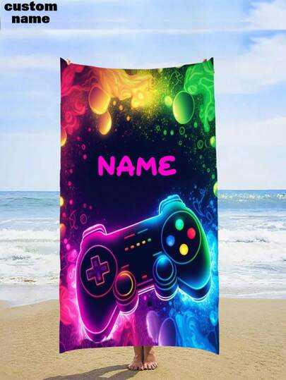 1pc Customized Text & Name Beach Towel, Super Soft Microfiber Beach Blanket, Game Controller Name Beach Towel, Quick Dry & Highly Absorbent, Suitable For Sunbathing, Travel, Gym And Outdoor Activities Multi-Functional, Ornamental, Tea Room, Home, Garden, Office, For Anniversaries, For Valentine's Day, For Mother's Day, For Birthdays, For Father's Day, For Graduation, For Weddings, For Housewarming,Dorm Essentials,Customized Beach Towels,Home Refresh