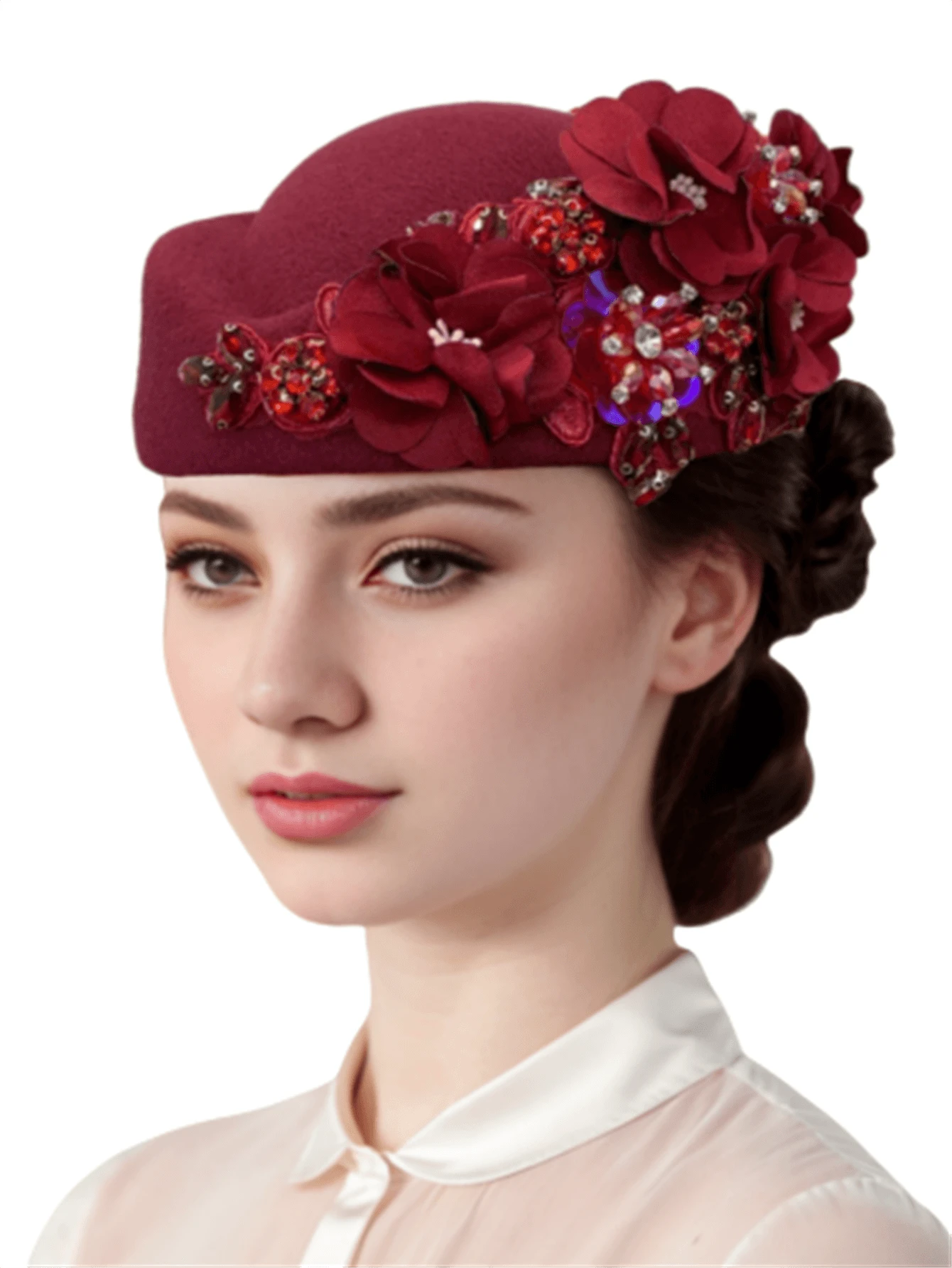 1Pc Felt Turban Hat Pillbox Hats For Women Derby Hat Fascinator Hats With Flower Embellished Elegant Ladies Tea Party Hats Vintage Beret Hat Decorated With Rhinestone Fashion Fedoras Cap For Cosplay Costume Accessories For Wedding Party Women Ladies Gift 2024 New Style. - Multicolor - View 19