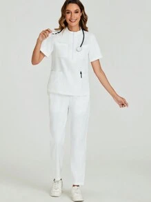 cimmuovere 短袖实验室外套护士医护人员手术制服套装适用于牙医医生诊所美容院精神科医生带口袋 - 白色 - 查看 9