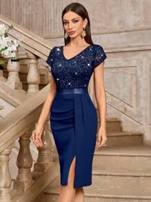 MIUSOL 优雅亮片蕾丝泡泡袖褶皱高开衩修身鸡尾酒礼服，半正式女装，适合婚礼宾客、毕业典礼、晚宴及其他场合。 - 藏蓝色 - 查看 6