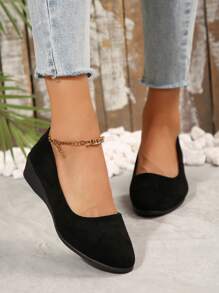 Damskie półbuty na koturnie z noskiem w szpic, wsuwane, w jednolitym kolorze, wygodne, codzienne, modne buty robocze - Czarne - Zobacz 4