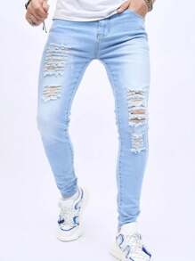 Men's High Street Classic Fashion Light Blue Washed Denim Jeans - Light Wash - View 1