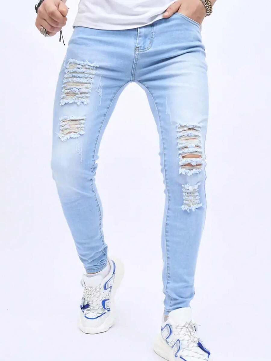 Men's High Street Classic Fashion Light Blue Washed Denim Jeans - Light Wash - View 1