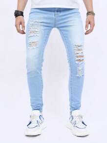 Men's High Street Classic Fashion Light Blue Washed Denim Jeans - Light Wash - View 2