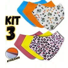 Kit 3 Babadores Bandana Atoalhado Bebê Algodão Babador com Botões 2 Regulagens