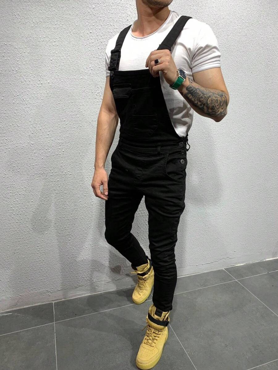 Men's Denim Bib Overalls, Slim Fit Jumpsuit, Fashionable Dungarees - Black - View 1